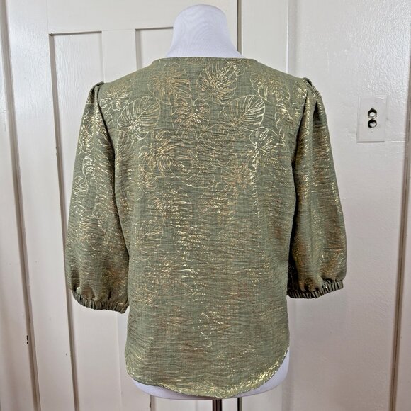 Olivia & Martin Top Women Medium Metalic Foliage Tie Front V Neck Blouse - Picture 5 of 7